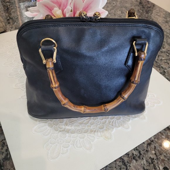 GUCCI 2 BAMBOO HANDLES~ BLACK LEATHER~ HANDBAG - Picture 7 of 13